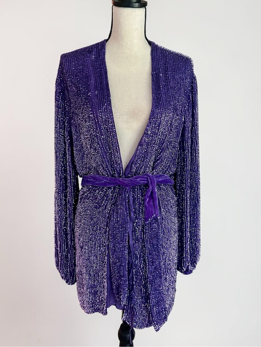 Retrofete Gabrielle Sequin Wrap Mini Dress Metallic Purple Sz Small